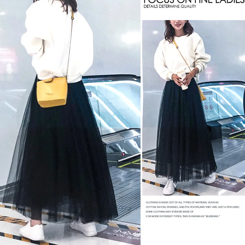 OHRYIYIE Otoño Invierno Vintage Maxi Falda Larga de Tul Mujeres Verano Faldas de Malla de Cintura Alta Falda Tutú Plisada Mujer Jupe Longue
