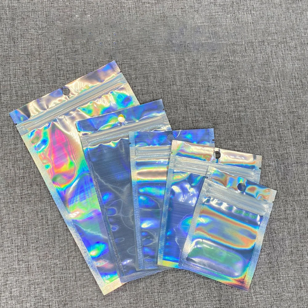 10pcs/bag Iridescent Zip Lock Bags Pouches Cosmetic Plastic Laser Iridescent Bags Holographic Makeup Bags Hologram Zipper Bags