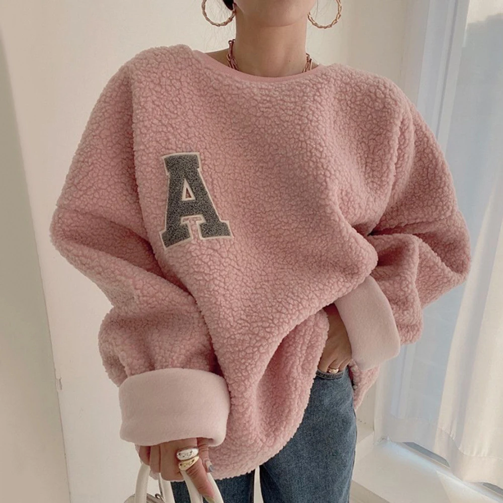 

Letter Loose Solid Hoodie Long Sleeve Lambwool Warm Sweatshirt Women Korean Autumn Round Neck Woman Hoodies