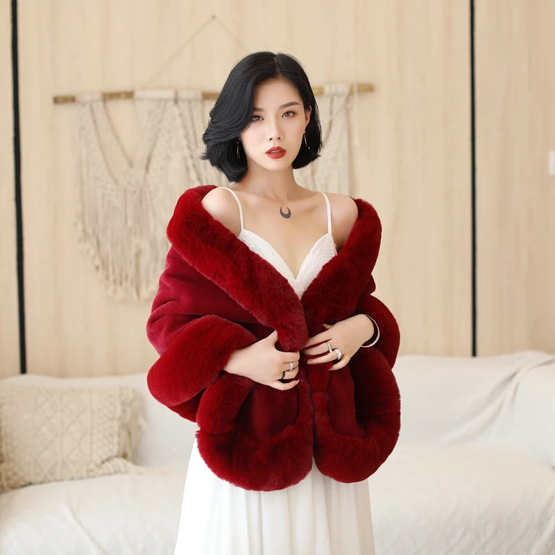 สีดำ/ไวน์แดงอย่างเป็นทางการ Party เสื้อ Faux Fur งานแต่งงานหมวก2022ผู้หญิงฤดูหนาวใหม่ Bolero Wraps ฤดูหนาวผ้าคลุมไหล่ในสต็อก