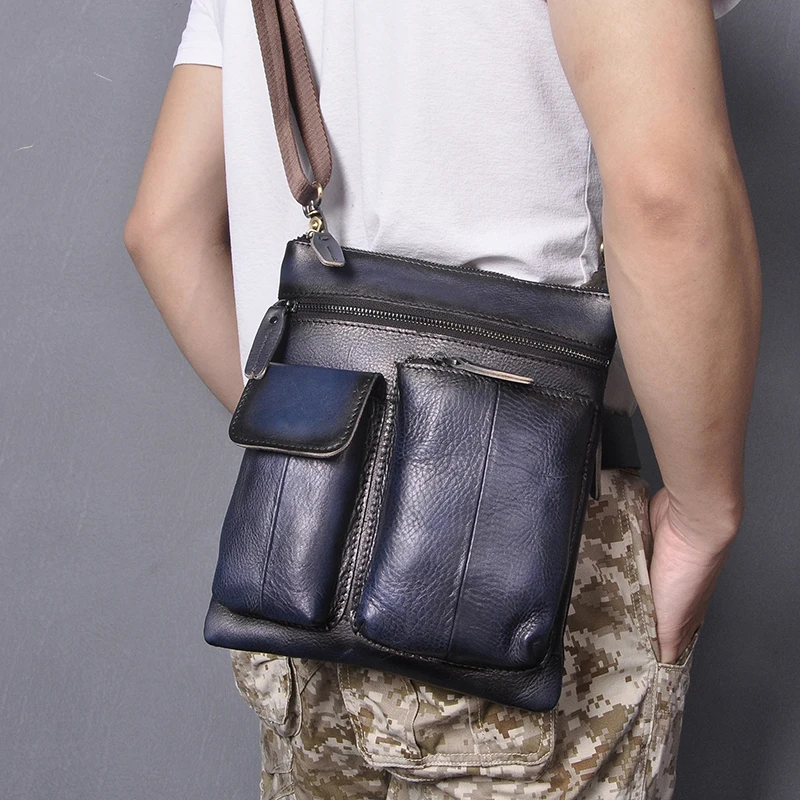 Real Leather Male Casual Design School Fashion Blue Messenger Crossbody bag Fashion School Book Tablet Satchel bag Men 308