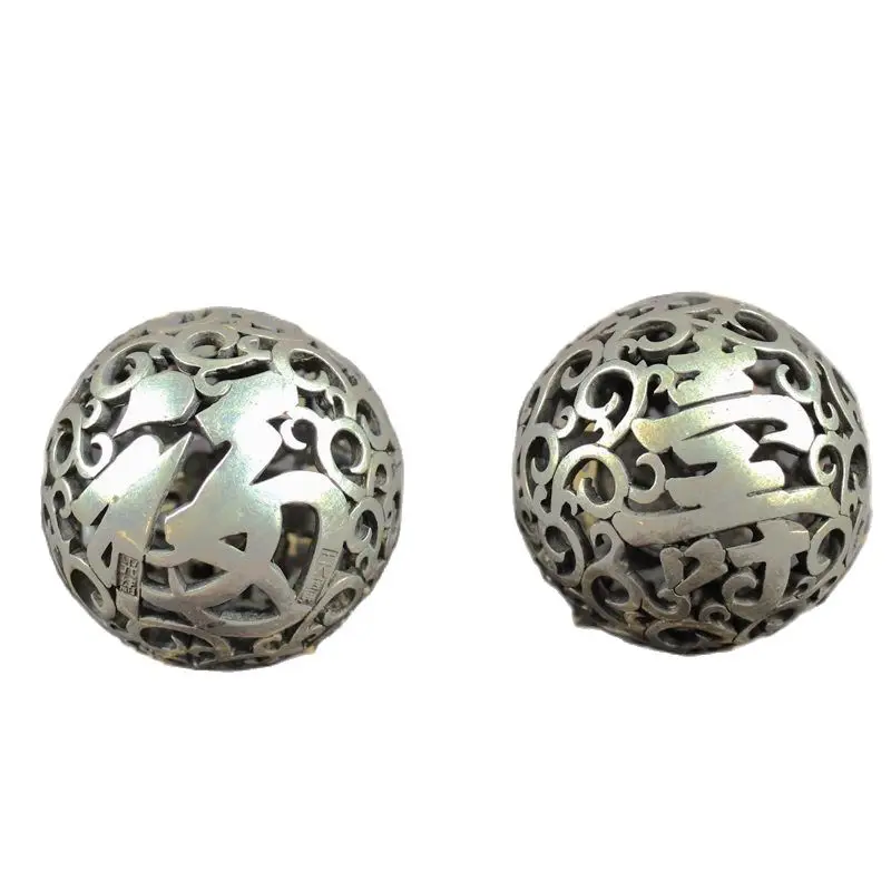 

Tibetan Silver Old Feng Shui Circular Longevity Ball A Pair Of Handball