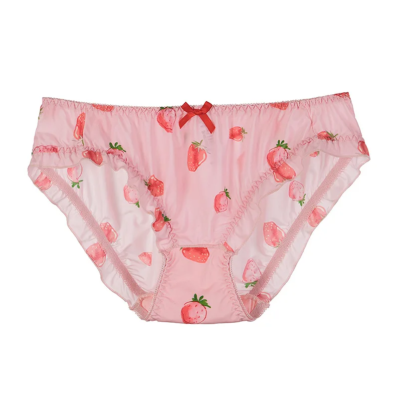 Japanese Bag Hip Bilateral Curled Ice Silk Panties Strawberry Print Low-rise Flashing Ladies Briefs Low-rise Underwear Women