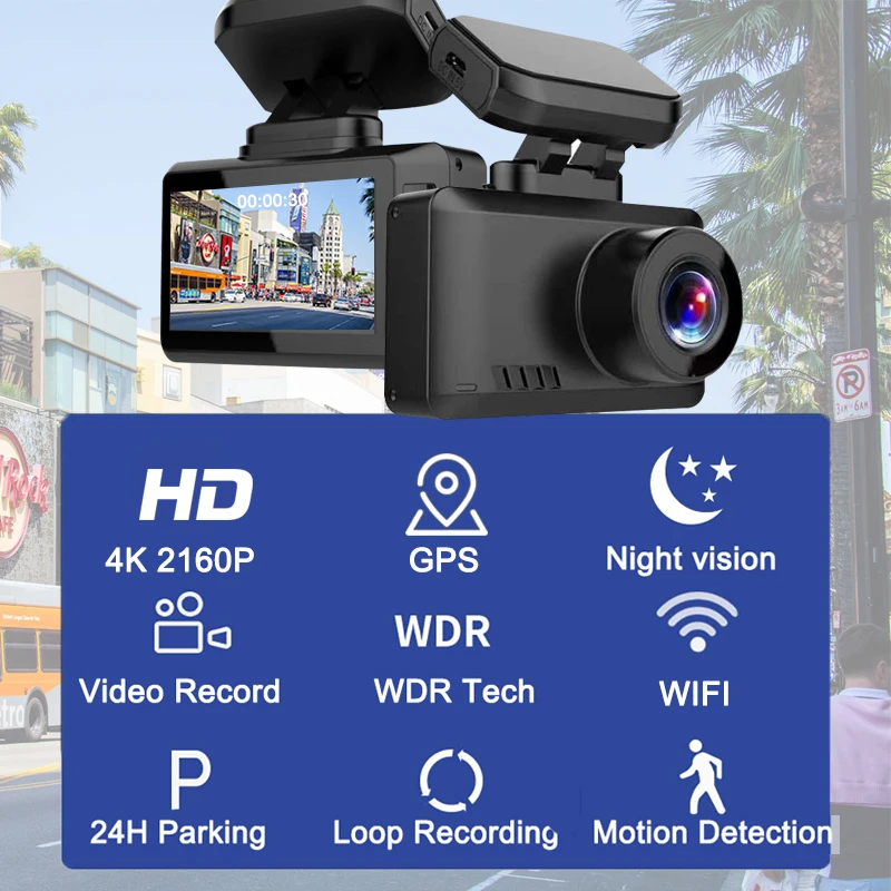 4K WIFI Dash Cam Ultra HD GPS Track Car DVR 3840*2160P Gesture Photo Super Night Vision Camera Video Recorder Phone Connection