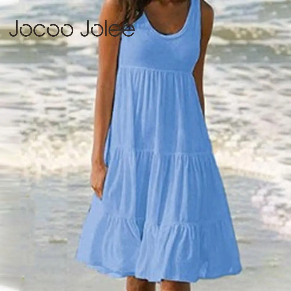 Jocoo Jolee Women Causual O Neck Sleeveless Ruffles Mini Dress Boho Solid Beach Sundress Oversized Loose Dress 2023 Summer