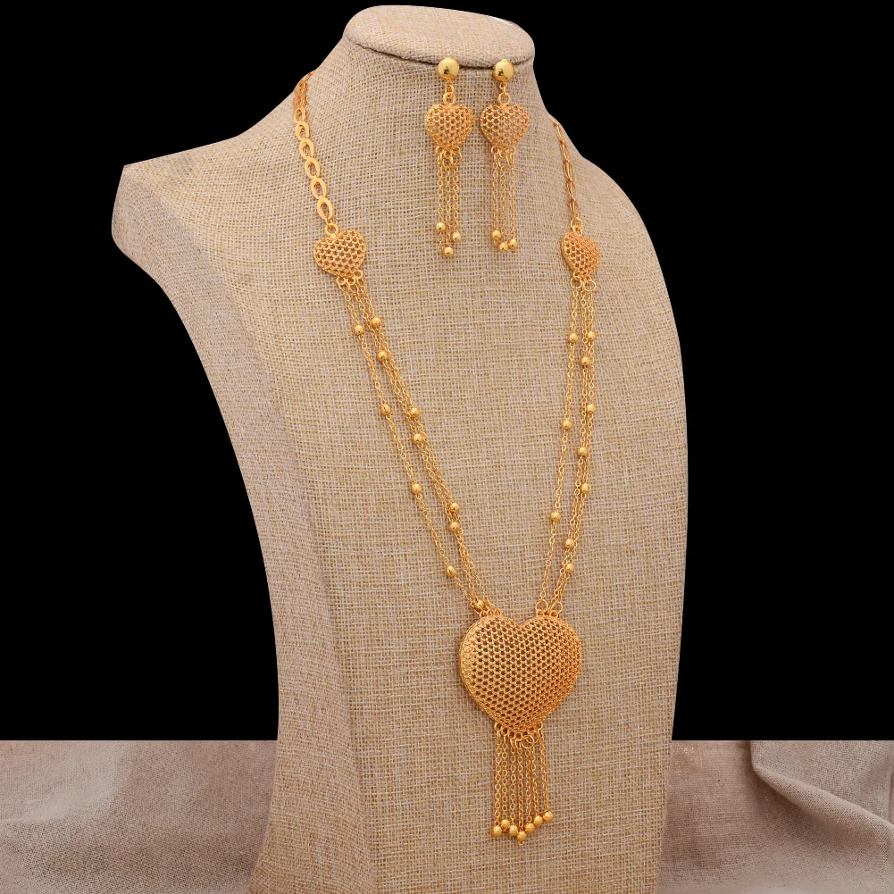 24K Dubai Gold Color Heart Jewelry Sets for women Necklace earrings Ring bridal African wedding ornament wife gifts Jewelry set