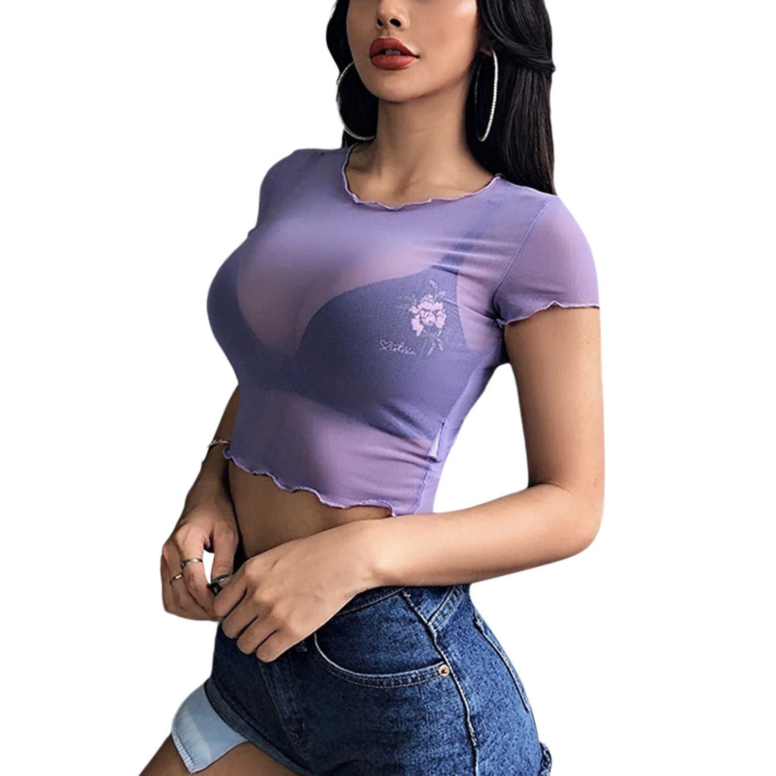 Sexy Mesh Sheer T-Shirt Women See-through Transparent Casual Crop Tops Fashion Summer Holiday Night Club Party Streetwear