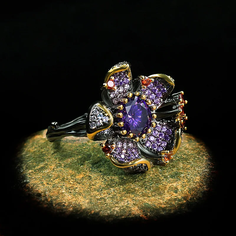 925 Stamp New Unique Purple Diamond Flower-Shaped Black Gold Ring Zircon Shiny Jewelry Elegant Party Women\'s