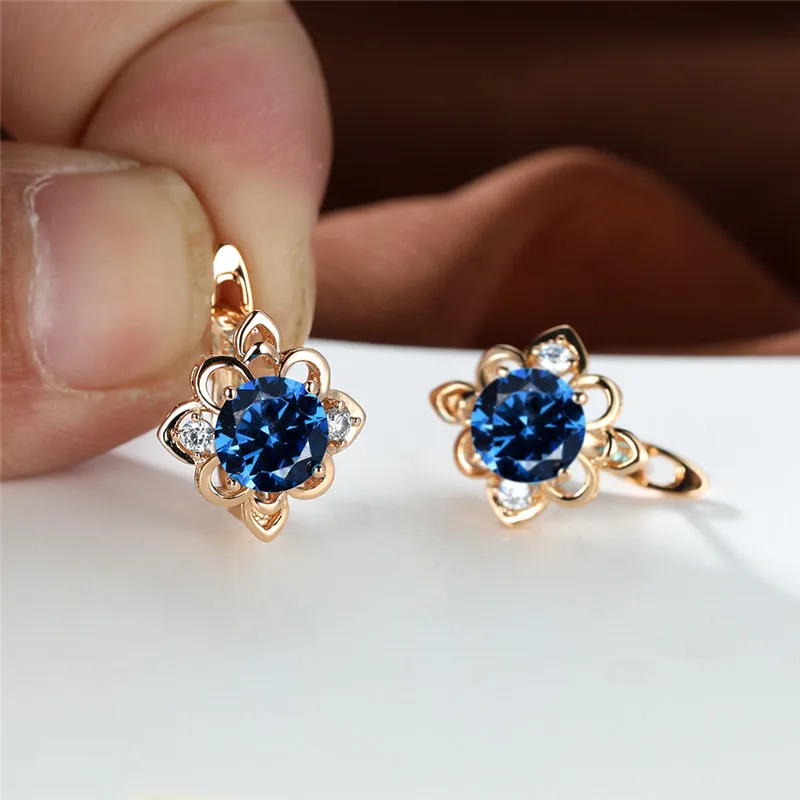 Boho Female Blue Stone Flower Hoop Earrings For Women Gold Color Small Round Wedding Jewelry Gift