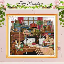 Cat and Sewing Machine Patterns Counted Cross Stitch Set DIY 11CT 14CT 16CT Stamped DMC Cross-stitch Kit Embroidery Needlework