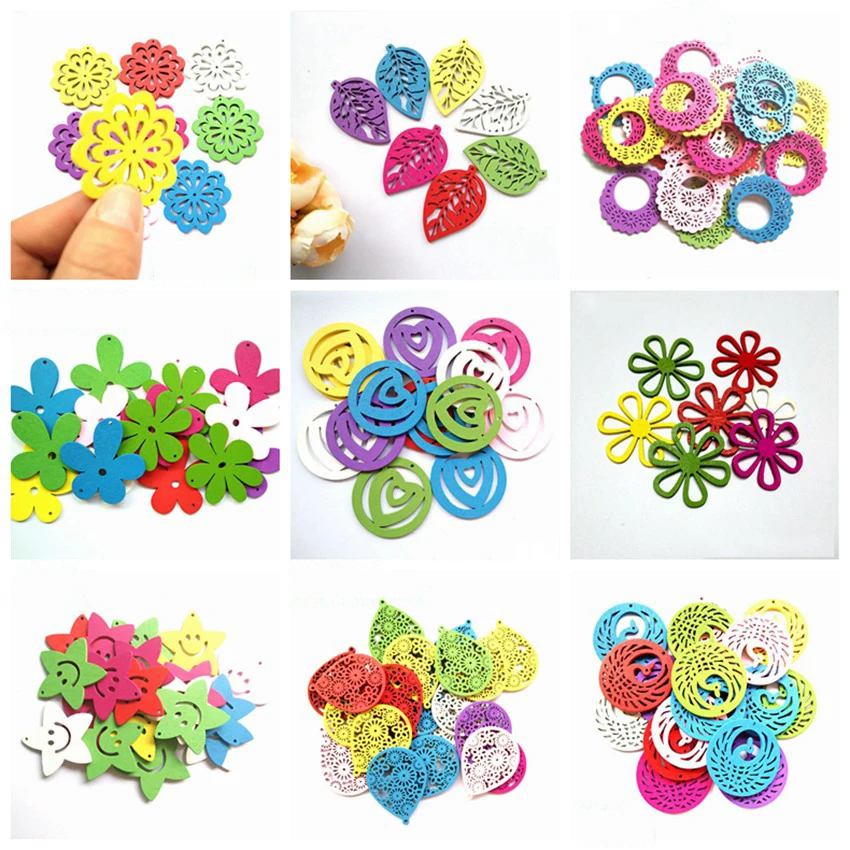 Wooden Colorful Round Flower Pendant DIY for Wedding Festival Party Craft Decoration Size 49mm 5pcs/lot  017027012