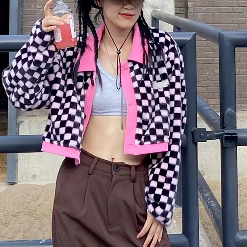  Korean Fashion Y2k Tops Harajuku Checkerboard Sweater Autumn New Cropped Cardigan Women Contrast Color Knitwear Streetwear