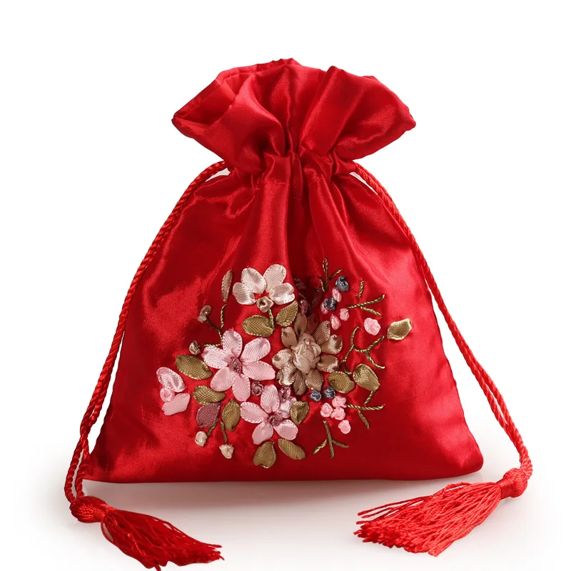 Tassel Handmade Ribbon Embroidery Party Gift Bags Drawstring  Empty Lavender sachet Bags festival Gifts Packaging Bags 10pcs/lot