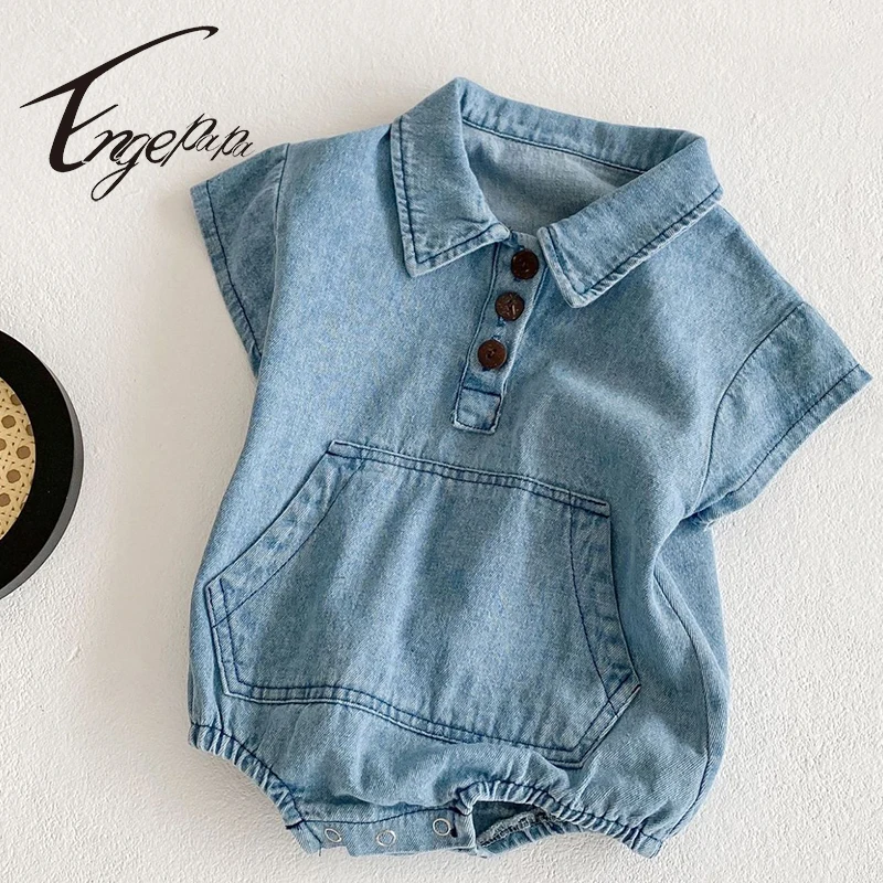 Engepapa Toddler Baby Boys Girl Rompers Korean Style Summer Baby Girl Clothes Cotton Short Sleeve Cowboy Infant Baby Jumpsuit