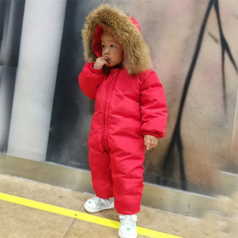 -30 Russian new jumpsuit kids winter wear baby boy snowsuit Parka nature fur 90% duck down jacket for girl clothes coat overalls