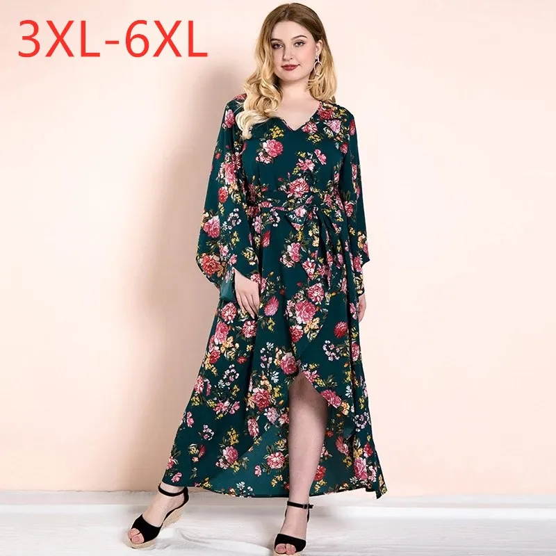 New spring autumn plus size long dress for women large long sleeve loose casual green floral flower belt dress 3XL 4XL 5XL 6XL