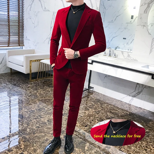 Trajes elegantes de terciopelo rojo vino para hombre trajes de lujo para novio trajes de terciopelo para boda vestido de caballero 2 piezas franela verde Burdeos AliExpress