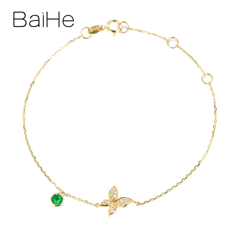 

BAIHE Real Solid 18K Yellow Gold Emerald Diamond Butterfly Bracelet Women Trendy Fine Jewelry Pulsera Mariposa Bransoletka motyl