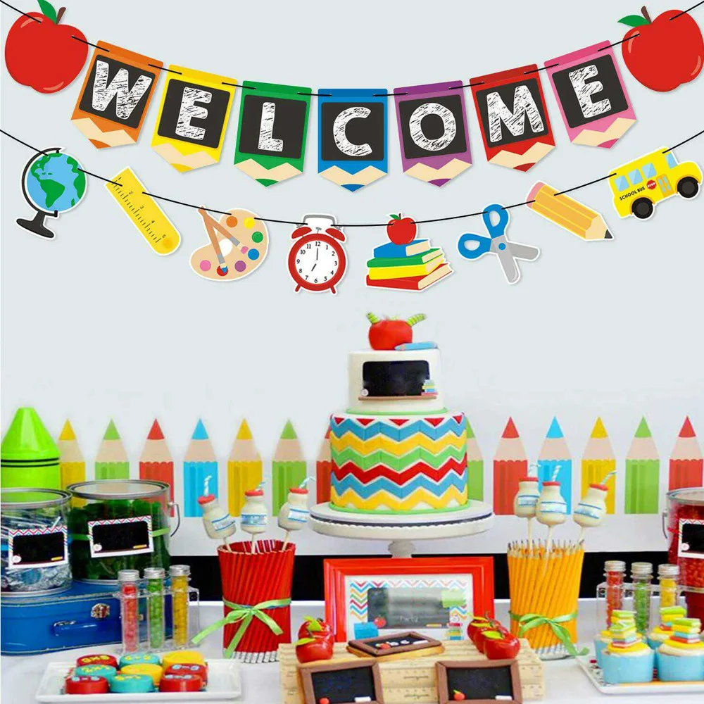 2pcs Welcome Class Back to School Hanging Sign Banner Bunting First Day of School for Classroom Decor Party Decorations