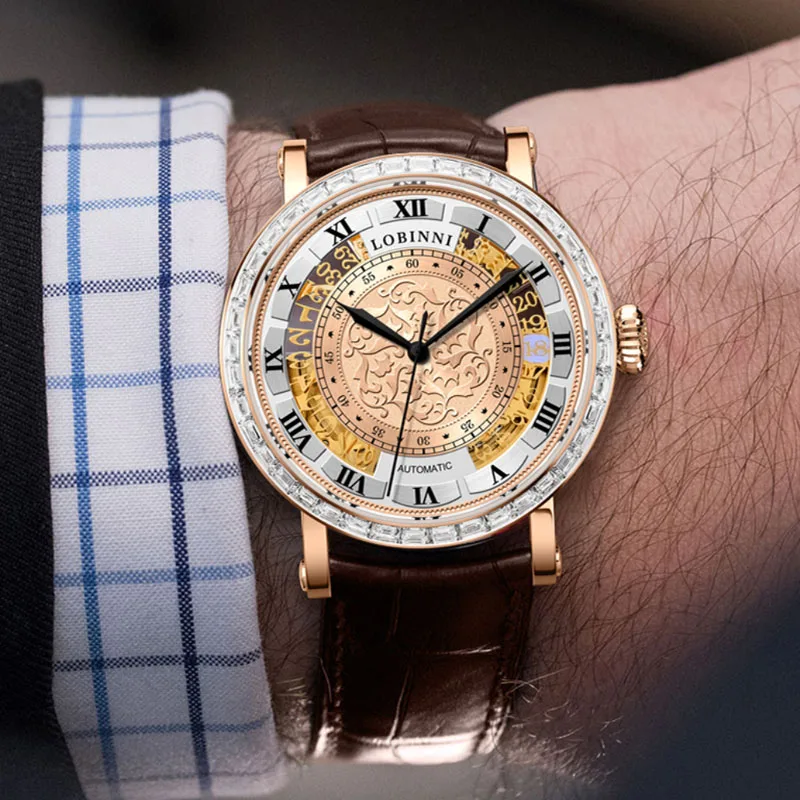 Reloj mecánico automático LOBINNI de marca de lujo para hombre, reloj de pulsera resistente al agua con calendario para hombre, reloj con correa de cuero, reloj Masculino