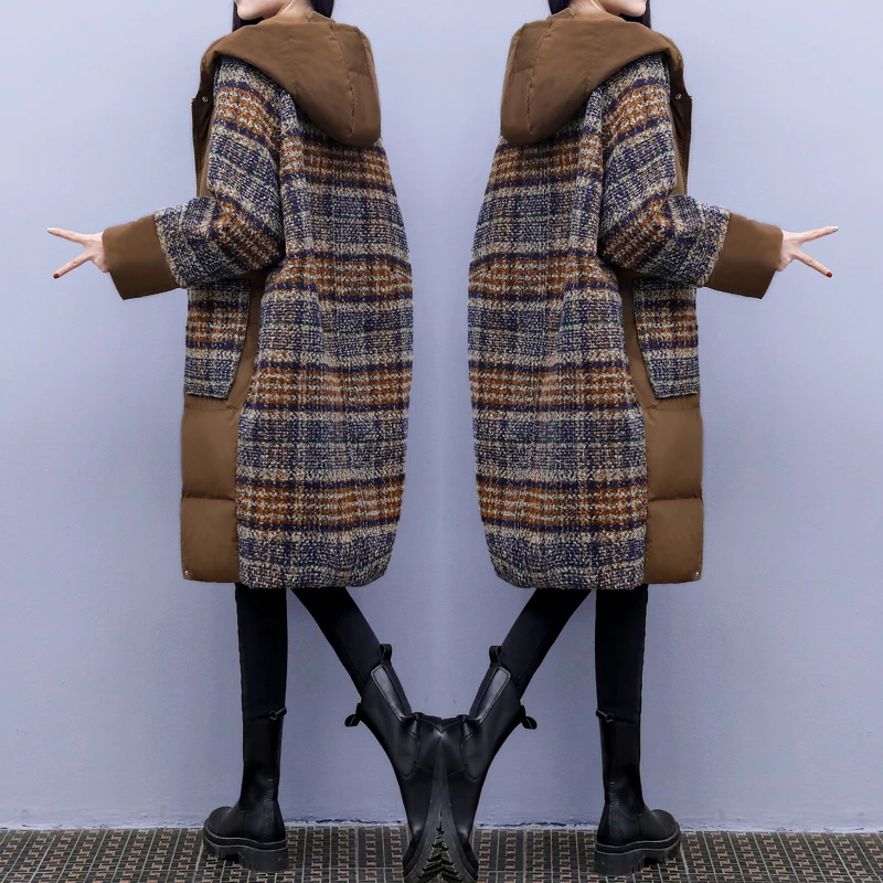 

down Cotton-Padded Coat Patchwork Wool Coat New Winter Clothes plus Size Women's Clothing Plaid Woolen Patchwork Cotton-Padde