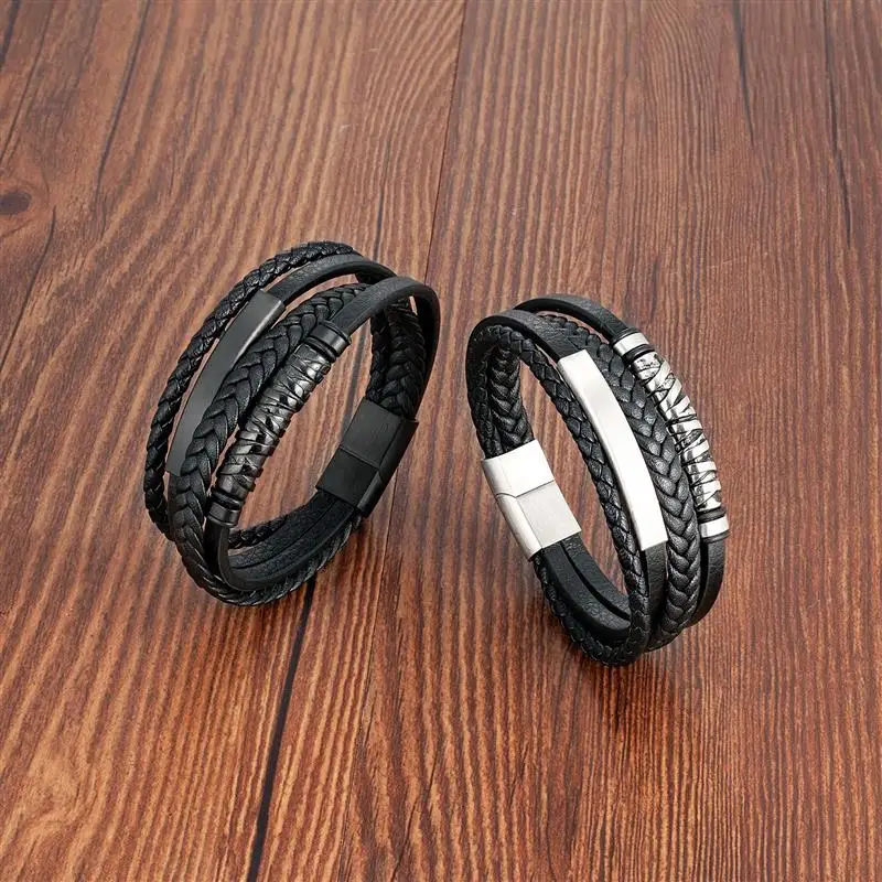 Multilayer Stainless Steel Insert Bracelet Viking Leather Bracelets for Men Braided Bangles Punk Jewelry Homme Accessories