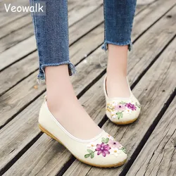 Veowalk Vintage Embroidered Women Flats Flower Slip On Cotton Fabric Linen Comfortable Ballerina Flat Shoes Sapato Feminino