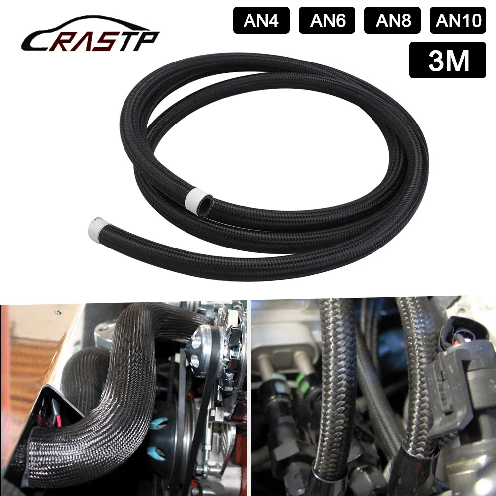 RASTP-M AN4 AN6 Nylon Braided Stainless Steel Hose Line Racing Hose Fuel Line  Car Oil Cooler Hose Pipe Black RS-HR016-3M