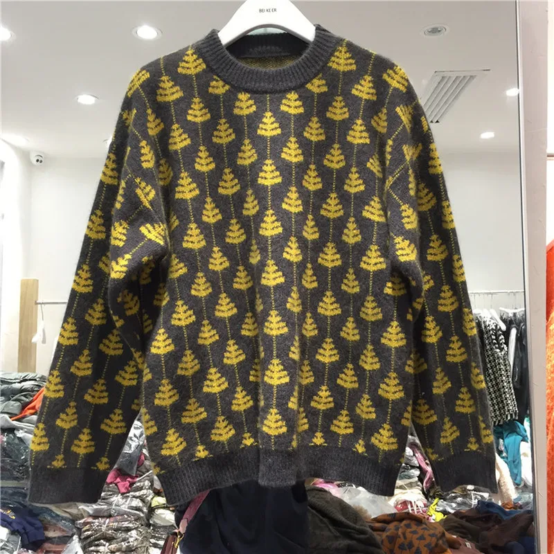 Women Pullover 2023 Fashion Overd Jumper Houndstooth Knitted Sweaters Vintage Long Sleeve Loose Female Pullovers Chic Tops