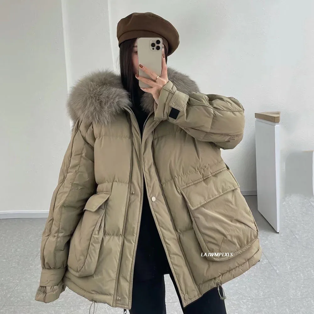 2022 inverno feminino real pele de raposa 90% pato branco para baixo casaco feminino grosso com capuz jaqueta puffer com grande pele natural