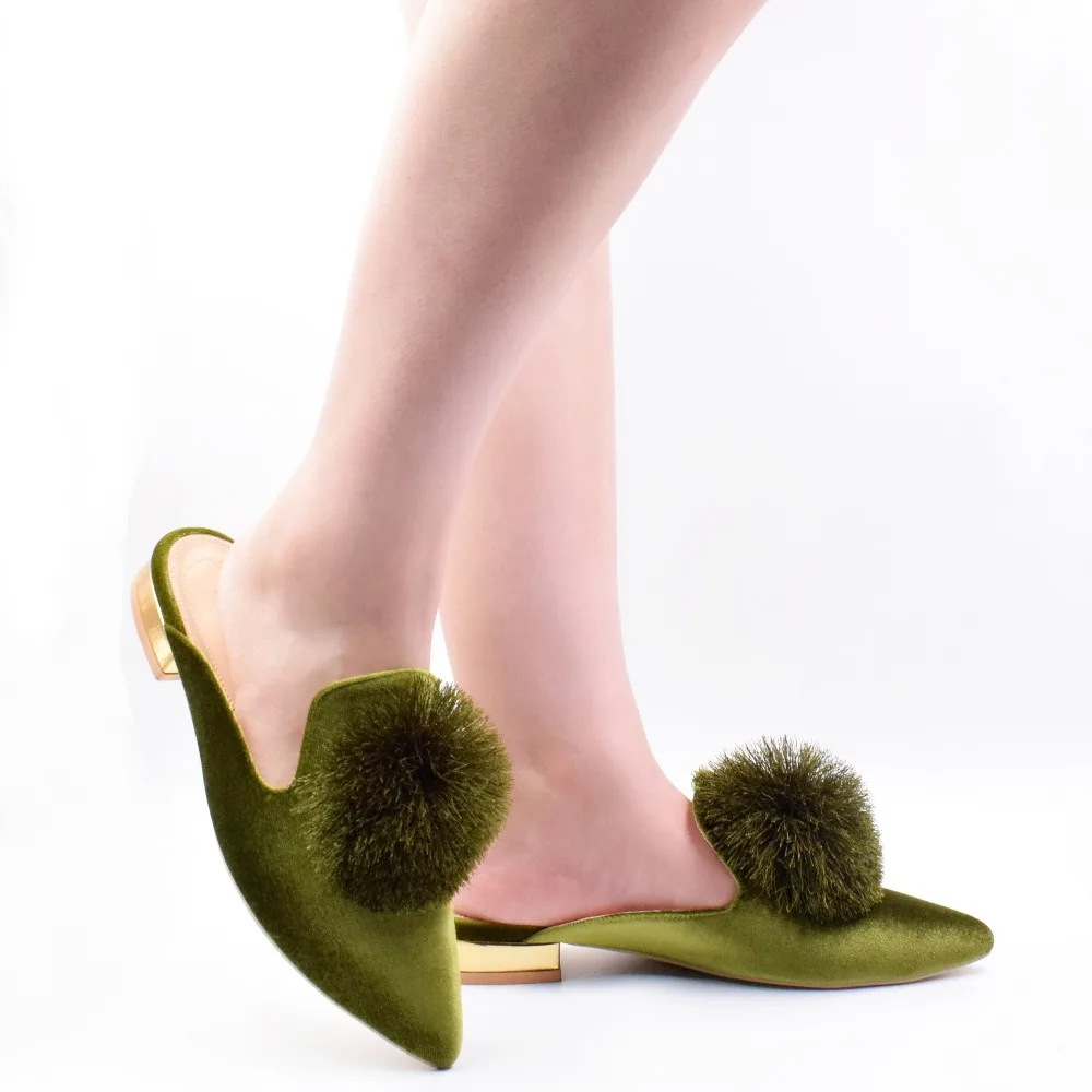 Lovirs Mules for Women Puff Pom poms Slip On Loafers Backless Green Mule Pointed Toe Velvet Mule Slides Slippers Shoes