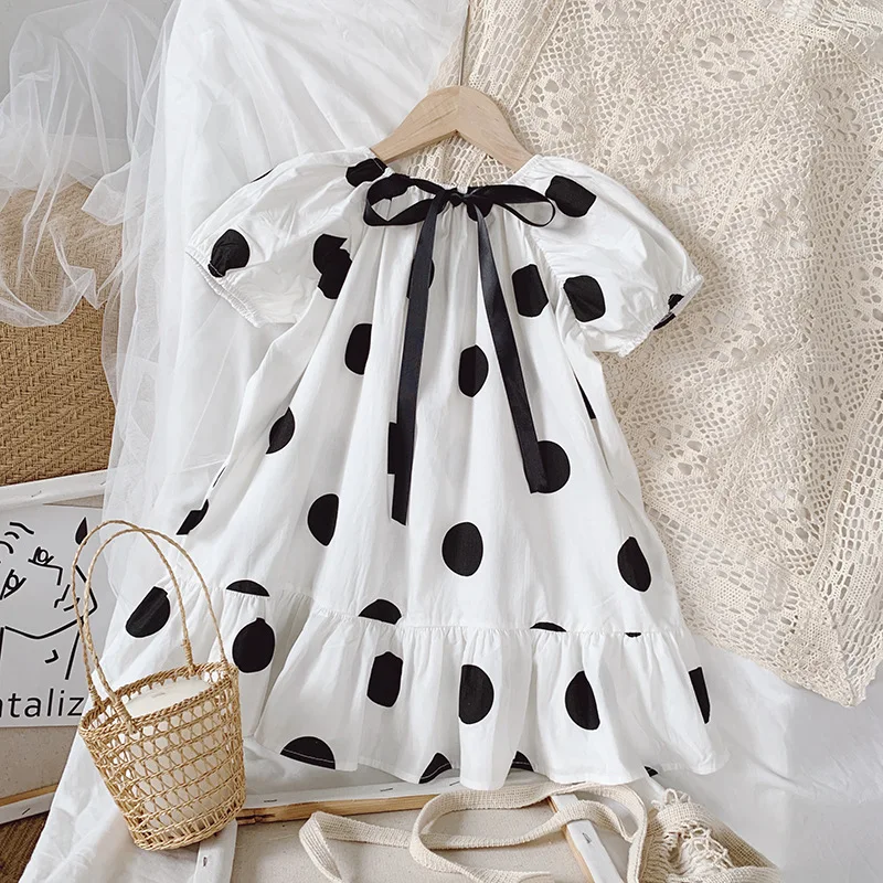 

Cute Baby Girls Polka Dots Printed Dress for Toddler Girls Clothes Summer Short Puff Sleeve Bow Dresses Children Party Clothes