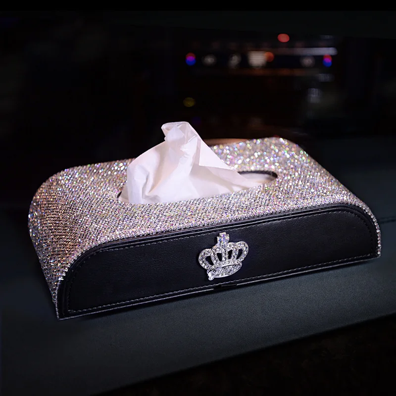 Cute Rhinestone Bowknot Car Tissue Box Block Type Universal Crystal Diamond Auto Armrest Paper Holder Cover Girl Car Accessories