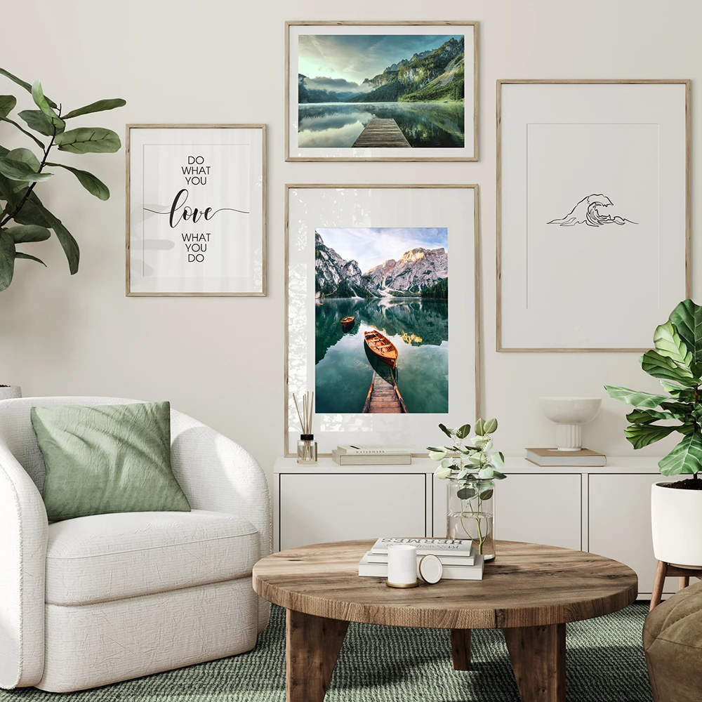 Line Wave Nature Landscape Wall Art Poster Mountain Lake Boat Print Nordic Painting Decorative Love It Quote Picture Home Decor