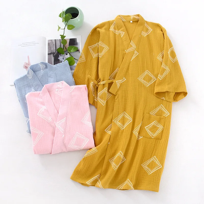 Women Cotton Woven Kimono Robe Long Sleeve Geometric Printing Bathrobe Plus Size Loose Crepe Long Robes Home Dressing Gown