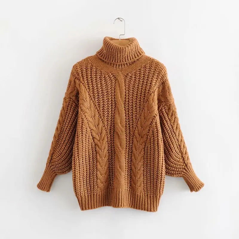 Long-sleeved Lazy Wind Turtleneck Knitted Sweater Female Twist Stripe Loose Simple Breathable Fashion Sweater Pullover Women