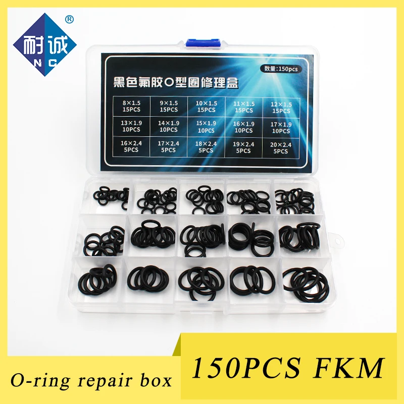 

150pcs Black FKM O Rings Rubber Kit 15Sizes Seal Rubber Sealing O-rings Washer Gasket O-Ring Set Assortment Set Kit Box