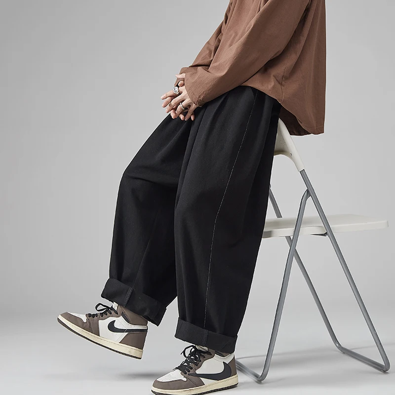 2024 Men's Casual Wied Leg Pants Oversize Cotton Trousers Solid Color Fashion Men Jogging Pants Korean Streetwear Vintage 5XL