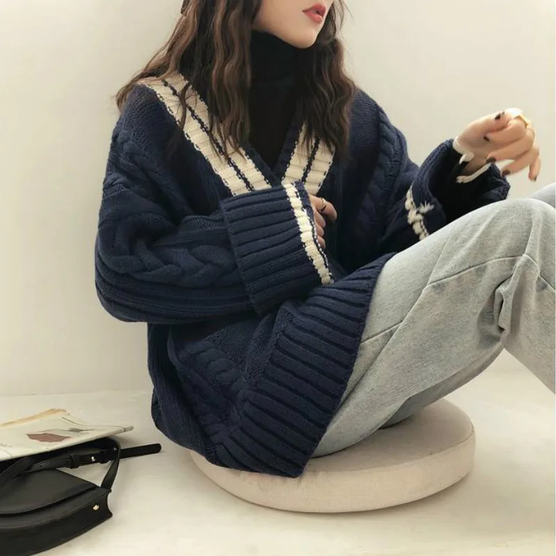 Sweaters Women Korean Patchwork Design V-neck Thicker Soft Winter Fall Vintage Flare Sleeve Lady Knitwear Preppy Femme Pullovers