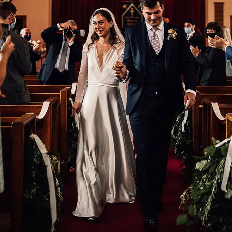 Robe de Mariée en Satin Transparent à Manches sulf, lèvent Personnalisés, Ligne A, Dos aux, Grande Taille, Organza, Col en V, pour les Patients