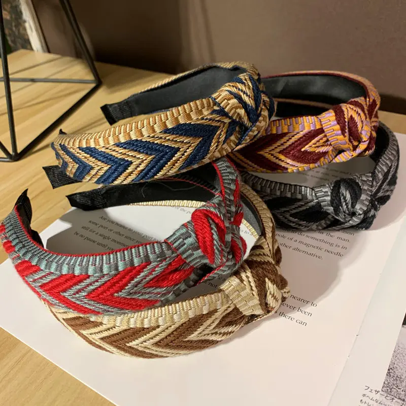 Knitting Stripe Bohemian Africa Style Headbands Colorful Embroidery Knotted Hairbands For Women Flower Weave Head Band Wholesale