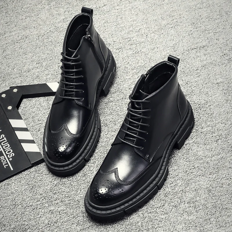 Korean style men's fashion wedding party dresses cow leather boots black platform shoes bullock boot brogue ankle botas hombre