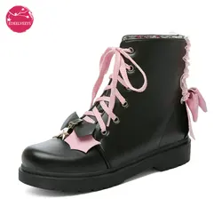 Women's Shoes Ankle Boots Bow Casual Black Flats Platforms Kawaii Lolita Pink Fashion Harajuku Style 2021 Spring Autumn Winter