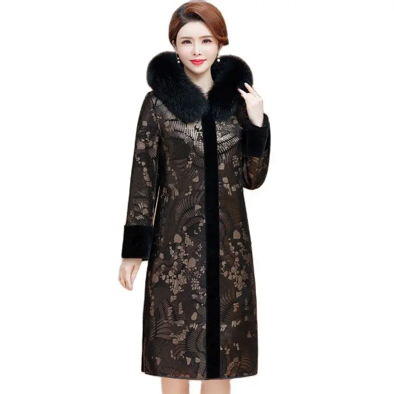 Women Winter New Thick Long Imitate Fur Coat Female Double-Sided Printing Middle-aged Mother Hooded Long Imitate Fur Jacket A883