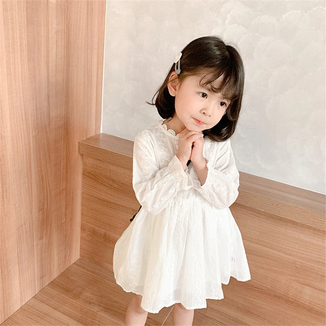 1 6T White Lace Dress For Girls Toddler Kid Baby Girl Clothes Long Sleeve High waist Sundress Cute Sweet Party Princess Dress