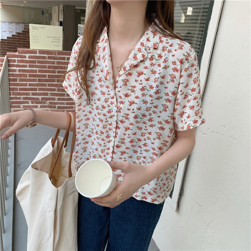 New Korean style temperament suit collar floral short-sleeved chiffon shirt