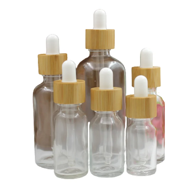 

Essential Oil Dropper Glass Bottle 5ml~100ml10pcs Transparent Not Real Wooden Lid Liquid Aromatherapy Serum Drop Pipette Bottles