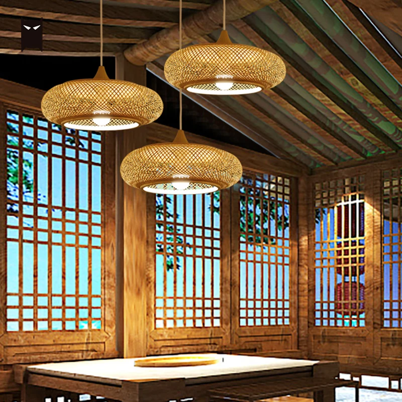 Bamboo Wicker Rattan Round Braided Pendant Light Fixture Nordic Japanese Style Hanging Ceiling Lamp Restaurant Dining Table Room