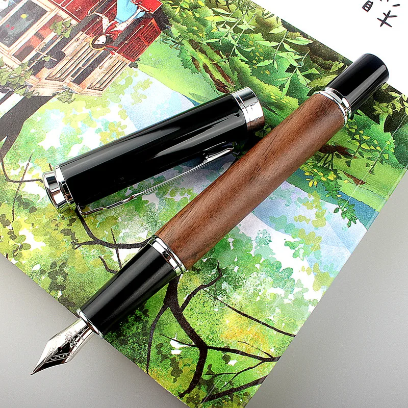 WOOD FOUNTAIN PEN Jinhao Pen Business Ink Pens Luxury Quality Red Wooden Stationery Students Business Office Medium Nib