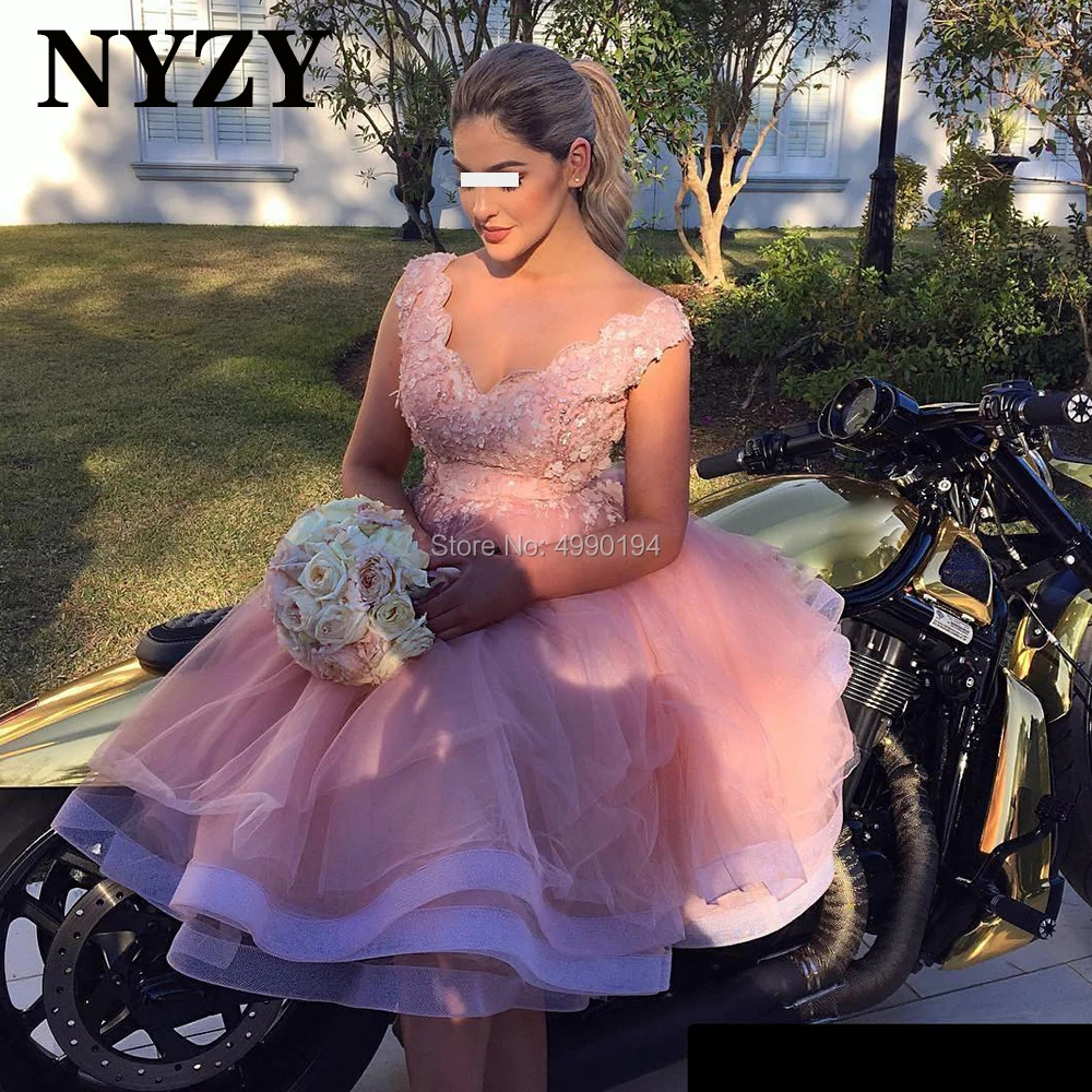 

NYZY C270 Robe Cocktail Dress vestido coctel Pink Puffy Lace Wedding Party Dress Evening Prom Homecoming